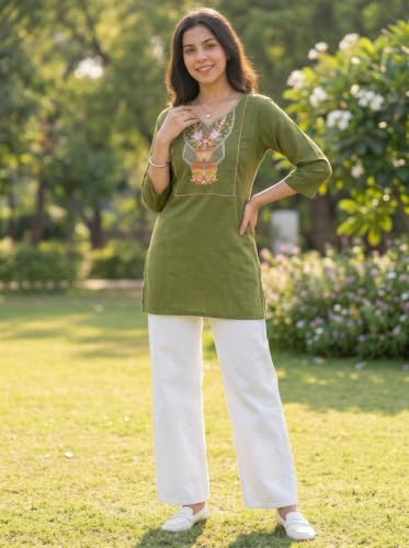 Image of Cotton Blend Embroidered Straight Kurta for Women | Cotton Blend | 3 /4 Sleeve | Round Neck V-Slit | Ethnic Wear Casual Wear