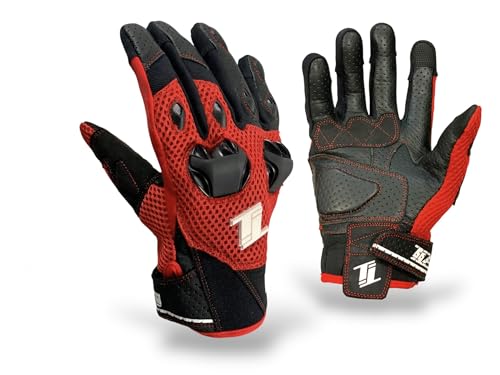 TLA WIK Gants moto en cuir et tissu avec protections homologué CE,poignet court, hommes et femmes.Gant moto,scooter,café racer,tactiles,mi-saison,respirants, haute protection contre les chocs.Rouge_XL