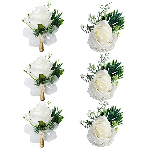 JULAN 6Pcs White Rose Wrist Corsage and Boutonniere Set including Pins,Handmade Artificial Rose Flower Wrist Flowers and Men's Corsage Set for Wedding Flowers Ceremony (3 Boutonnieres + 3 Wrist Corsages)
