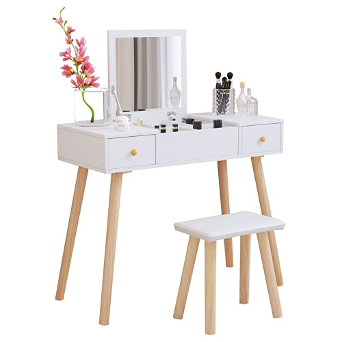 Coiffeuse avec Miroir Pliable et Tabouret, Table de Maquillage avec 2 Tiroirs 5 Compartiments de Rangement, Style Scandinave, Blanc