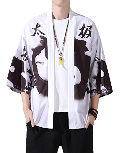 Image of PRIJOUHE Men's Lightweight Kimono Jacket Seven Sleeve Open Front Cardigan Coat Japanese Style Bathrobe