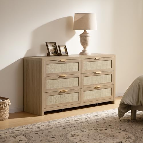 SICOTAS Rattan Dresser for Bedroom, 56.9" Wide 6 Drawer Dresser with Ample Storage, Dressers Large Chest of Drawers, Closet, Boho TV Stand for Bedroom (Reclaimed Light Oak, 1 Piece)
