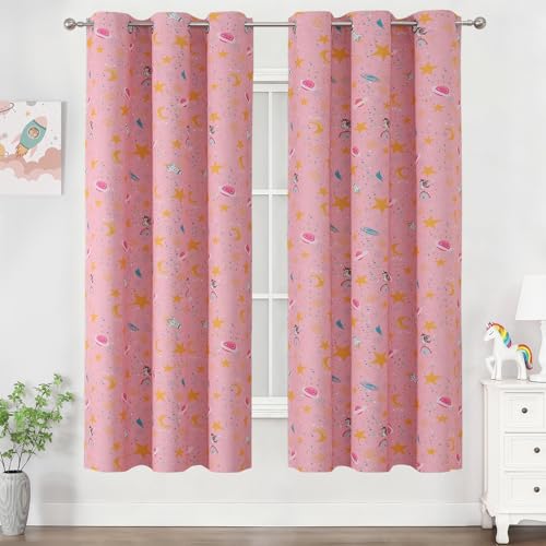 Image of Star & Moon Pattern Pink Blackout Curtains for Girls Bedroom 72 Inch Long | Estelar Textiler Cute Unicorn Theme Thermal Insulated Room Darkening Grommet Drapes for Kids Bedroom /Nursery,38Wx72L,2 Panels