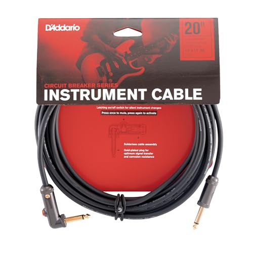 D'Addario Guitar Cable - Guitar Lead - Circuit Breaker Cable - Latching Cut-Off Switch to Mute When Changing Instrument - 20 Feet/7.62 Meters - Straight Ends/Right Angle - 1 Pack