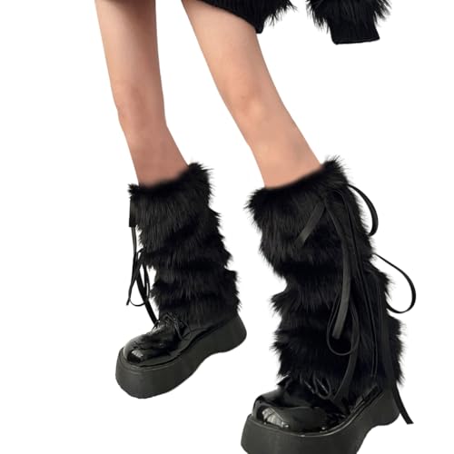 Women Punk Plush Leg Warmers Japanese Sweet Ribbon Bowknot Warm Furry Leg Sleeve Socks