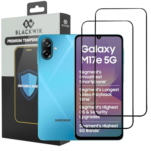 Image of Blackwik Premium Tempered Glass Screen Protector for Samsung Galaxy M17e 5G with Edge-To-Edge Protector Coverage | Easy Installation Kit (Black) (Pack Of 2)