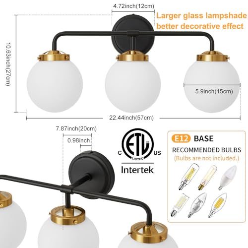 Image of Bathroom Light Fixtures 22.4in 3-Light Black Gold Vanity Lights for Mirror | Bathroom Lighting Fixtures over Mirror, ETL, Brushed Brass Wall Sconce, Dimmable E12 Base Max 60W, Milky Glass Ball Shades