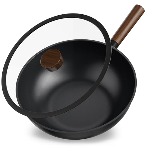 Jobin Wok Non Stick with Lid, 28cm Aluminium Wok Frying Pan, Large Capacity for Cook Asian Dishes for 3-5 People, Ideal for Induction, Gas, All Hobs