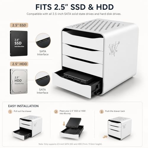 Image of 4 Tray Storage Box for 2.5 inch HDD /SSD Stacker Enclosure | External SATA Hard Drive Dock | Stackable Shockproof HDD Caddy | RAID Storage Rack for Desktop Backup & Data Organization,Enclosure ONLY(Brown)