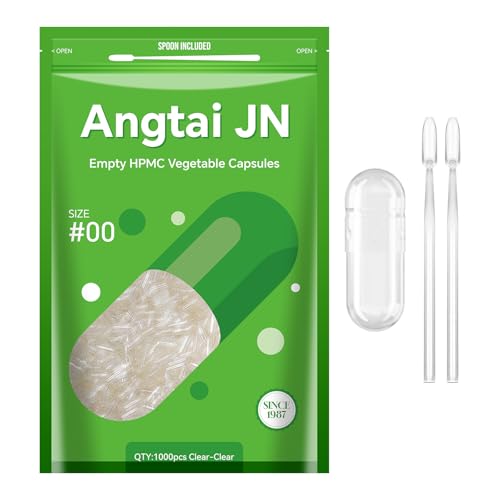 Angtai JN Gélules Vides Végétales à Remplir Taille 00 (1000 unités) Capsule Vide avec Micro Cuillère,Certifié Casher,Halal,Empty Capsules Compatible...