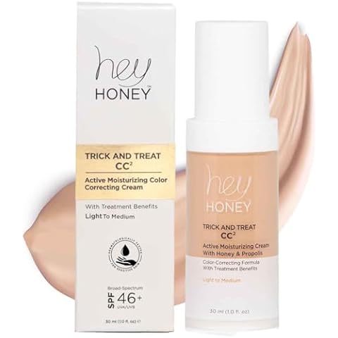 Hey Honey Trick and Treat CC Cream SPF 46 | Active Moisturizing Color Correcting Cream with Honey & Propolis | Best Cover For Rosacea, Skin Redness & Mature Skin | Cruelty-Free | 1 oz (Light-Medium) Cover