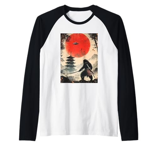 Samurai Bigfoot Japanese UFO Vintage Graphic Ukiyo-e Art Camiseta Manga Raglan