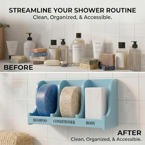 Image of Soap Holder for Shower Wall, 3-Compartment Soap Dish [Patent Pending] | For Shampoo, Conditioner and Body Soap, Fast Draining & Rust-Proof, Strong Adhesive for Long-Term Bathroom Use & Freestanding
