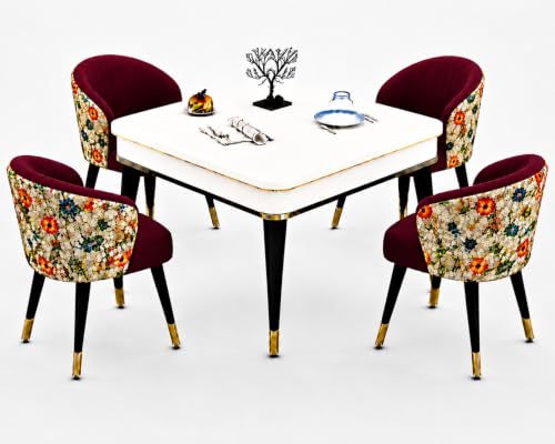 Image of WOODEN SPACE 4 Seater Wooden Dining Table Set | Urban Marble Top Dining Table with Chairs for Dining Room & Kitchen (Modern Classic Printed Maroon) (42 x 42 x 30 inch)