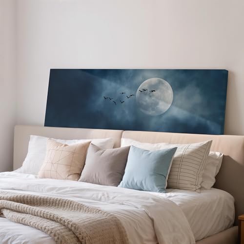 Toile Lune et Oiseaux Peinture Ciel Nocturne Grand Tableau Panoramique