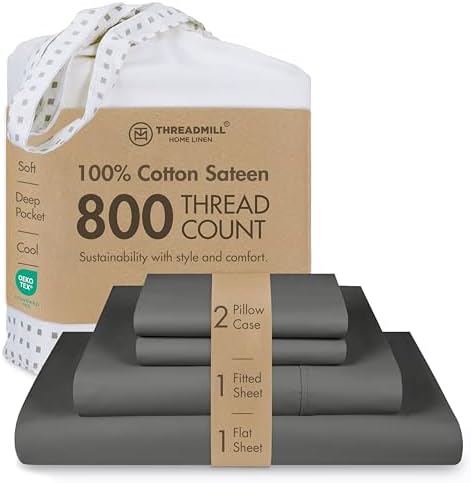 Threadmill Luxury 800 Thread Count King 100% Cotton Sheets - Dark Grey Sateen Weave Bed-Sheets, Better Than Egyptian Cotton,4 Pc Solid Soft Bedding Set, Fits 16" Deep Pocket - Thumbnail 2