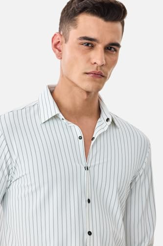 Image of SNITCH Men Casual Plus Size Shirt | Regular Fit Full Sleeve Mandarin Collar Striped Design | Premium Cotton Linen Blend & Breathable Fabric for Office & Everyday Wear