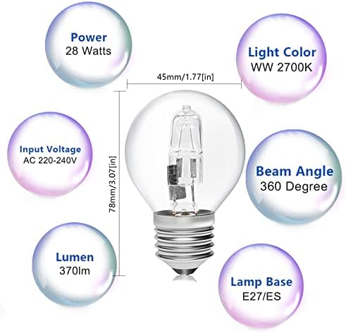 Bonlux 10-Pack E27 Golf Ball Bulb Dimmable, 28W G45 ES Edison Screw Eco Halogen Bulb 240V Classic Mini Globes Clear Round Light Bulb, 340-370 Lumen, Warm White 2700K