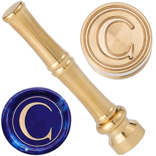CRASPIRE C Wax Seal Stamp Letter Sealing Stamps 15mm Golden Metal Brass Retro Vintage Alphabet Initial Mini Stamp with Bamboo Stick Handle for Thanksgiving Cards Envelope Wrap Wedding Party Invitation