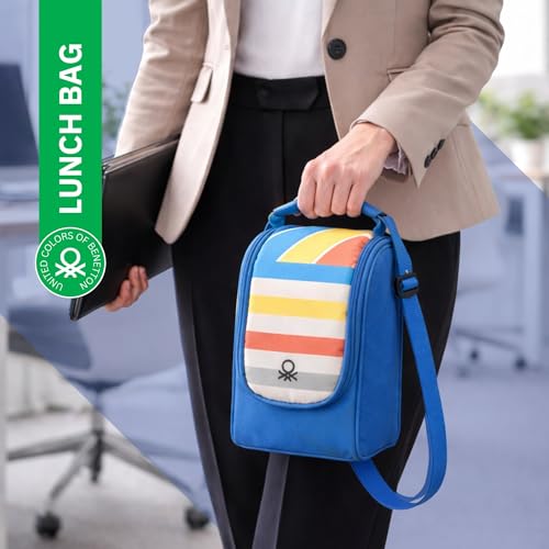 Image of United Colors of Benetton Lunch Bag for Women & Men, Insulated Bag, Tiffin Lunch Bag for Office /College /School, Bottle Holder, Lightweight, Durable Handles, Fits 3 Containers (Blue)