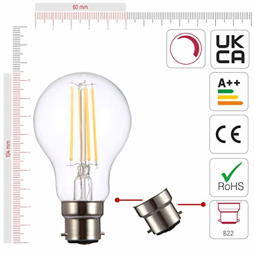 TEKLED® A60 Filament Vintage LED Bulbs | B22 Bayonet Cap | Energy Saving 6.5W Light Bulb 60W Equivalent | DIMMABLE Clear 2700K 806LM | 2-Pack | Warm White - Image 3