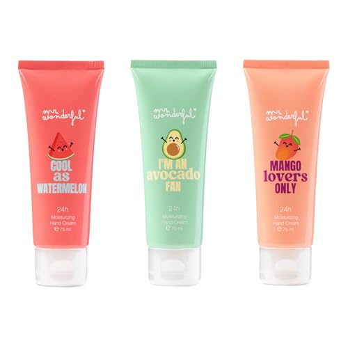 MR WONDERFUL - Crema de Manos 3 x 75 ml, Mango Lovers Only, I'm an Avocado y Cool as Watermelon, con Ácido Hialurónico, Hidratante 24 horas, Ingredientes naturales, Rápida Absorción