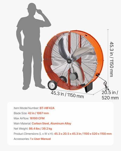 Image of VEVOR Industrial Shop Fan, 42 Inch Floor Drum Fan, High Velocity 16100 CFM, Heavy Duty Aluminum Blades, 2 Speeds, with Handle, Ideal for Commercial, Garage, Warehouse, Basement, Workshop, Factory