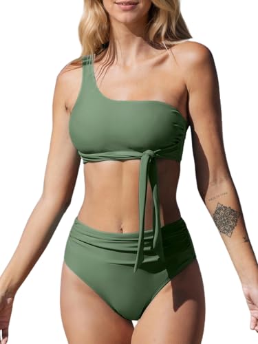 CUPSHE High Waisted Bikini Sets for Women with Ruched Bottom, One Shoulder Two Piece Swimsuit, Tie Front Bathing Suit