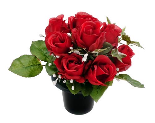 Red Rosebud and Ivy - Artificial Flower Grave Crem Pot