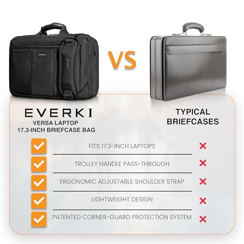 EVERKI Versa Laptop Briefcase Bag &ndash; Heavy-Duty Computer Bag for Laptops 13&ndash;17.3", Water-Resistant Travel Bag with Multiple Pockets for Business, Stylish Laptop Bag for Men & Women &ndash; Black (EKB427BK17)