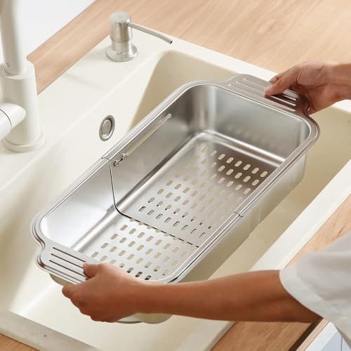 Image of KRESHU Sink Strainer Basket | 17.5 Inch Kitchen Sink Basket Strainer Steel Expandable Over Sinks Colander for Washing Vegetables, Fruits, Draining Pasta & Drying Dishes | Pack of 1