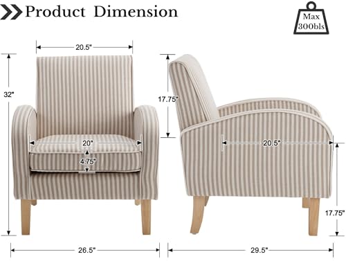 Image of Farmhouse Striped Accent Chairs for Living Room Set of 2, Linen Fabric Modern Comfy Armchairs with Cushion, Upholstered Striped Reading Chairs for Bedroom Couch Chair with Wood Legs, Khaki