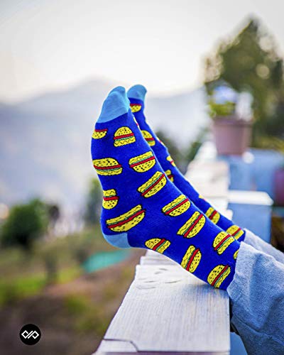 DYNAMOCKS Men's and Women's Combed Cotton Crew Length Socks (Pack of 4) (Pizza + Burgers + Sunny Side Up + Cutting Chai, Multicolour, Free Size)