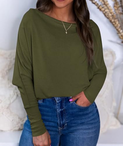 Okiwam Women's Fall Tops Long Batwing Sleeve Shirts Boat Neck Off The Shoulder Loose Tunic Blouses 2025 Fashion Clothes