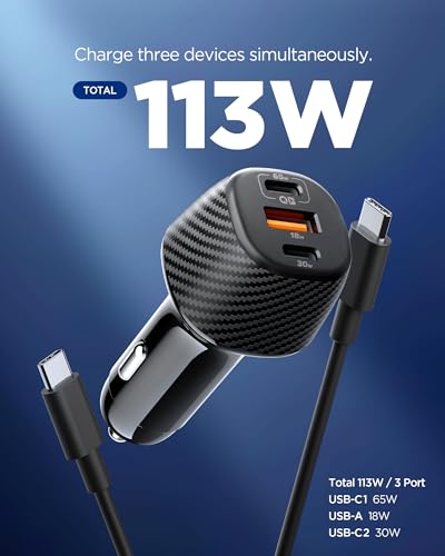Image of Spigen Triple Port Car Charger Total 113w(65w+18w+30w), PPS, Cable Included, Quick and Super Fast Charging for iPhone Series, Galaxy Series, iPad, MacBook & More (EV1133) - Black