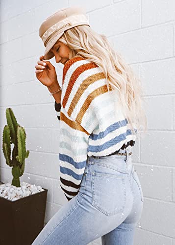 KIRUNDO Women's 2025 Fall Winter Striped Color Block Short Sweater Long Sleeve Crew Neck Casual Loose Knit Pullover Tops(X-Large, 2014-Blue) — view 4