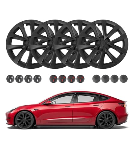 PM Auto Set of 4 Matte Black Snap On Hubcap Wheel Rim Skin Covers for 2017-2023 Tesla 3 18 inch Wheel Except Highland