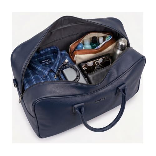 Image of Nautica Unisex 30L Travel Duffle Bag | Premium PU Vegan Leather with Twin Grab Handles for Men & Women | Spacious Main Compartment with Organised Pockets for Weekend Travel Trips | Navy Blue