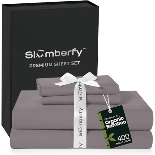 Image of Slumberfy 4-Piece 400 TC Viscose Derived from Bamboo Sheets, Full Size - 1 Fitted, 1 Flat, 2 Pillow Cases - Deep Pocket Cooling Viscose-Bamboo Bed Sheets in Magnetic Closure Gift Box, Grey