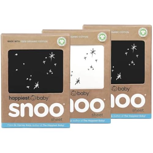 Happiest Baby SNOO Bassinet Fitted Sheet - 100% Organic Cotton Nursery Bedding - Fits SNOO Sleeper Crib Mattress - 3-Pack Bundle (Black (2), Ivory Stars (1))