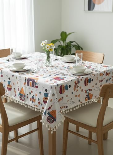 Image of LORETO - A QUALITY LINEN BRAND 100% Pure Cotton Rectangular Table Cover with Tassels (48x72 Inch) - Tablecloth for 6 Seater Dining Table, Multicolor Tribal Motifs on Crisp White