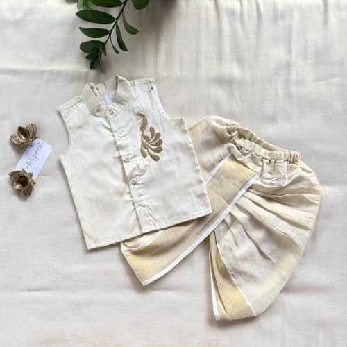 Image of Picksparrow Baby Boy Cotton Silk-Tissue Kasavu Cotton Shirt with Dhoti pant (Peacock-Sleeveless)