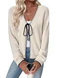 EVALESS Womens Cardigan Sweaters Trendy 2025 Fall Long Sleeve V Neck Lightweight Cardigans Chunky Winter Open Front Bow Tie Knit Sweater Outfits,Apricot Medium
