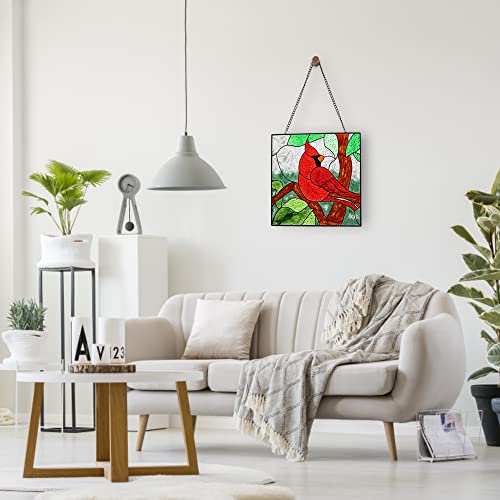 Cardinal Stained Glass Window Hanging,Suncatchers Ornament,Hand-Painted Glass Panel Decor, Birthday Gift For Mom Grandma Teacher Friend Nature Lovers 8 * 8” #TOP5