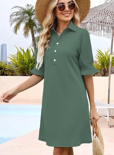 Image of Womens Summer Shirt Mini Beach Dresses | Flowy Shift Dress, Button V Neck, Polo Collar, Ruffle Short Sleeve, Floral Boho Style, Casual Vacation Outfits with Pockets