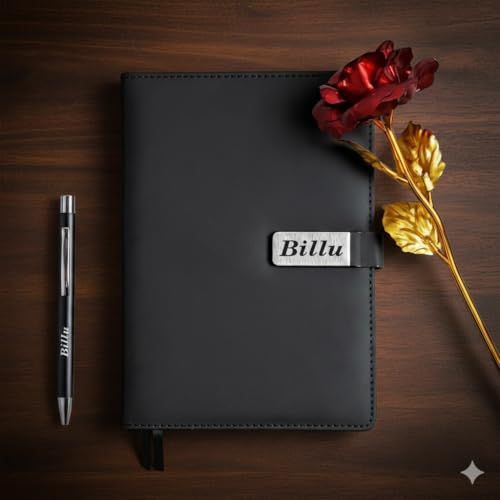 Image of Personalized Diary & Pen Gift Set with Name Engraving | Leather Diary Combo with Decorative Rose | Customizable Gift for Birthday, Anniversary, Valetine & Special Occasions (Black)
