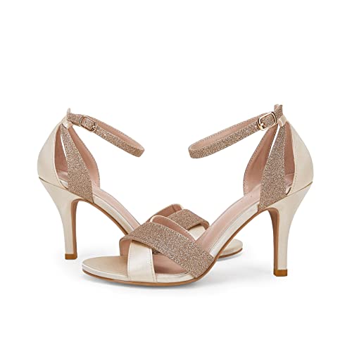 Piepiebuy Womens Mid Kitten Heel Sandals Glitter Strap Ankle Buckle Cut Out Back Wedding Dress Shoes #TOP3