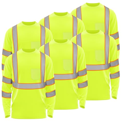 W&H 6 Pack Hi Vis Long Sleeve Safety Shirts for Men, Class 3 Reflective High Visibility Work Shirts, Breathable Birdeye Mesh Construction Shirt, Quick Dry, Neon Yellow 2XL