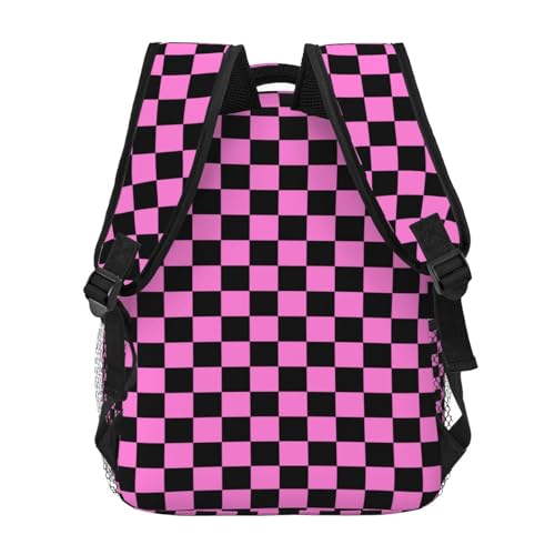 Pink Black Checkered Chessboard Flag Lightweight Backpack Travel Casual Bags for Women or Men 15.7 Inches4