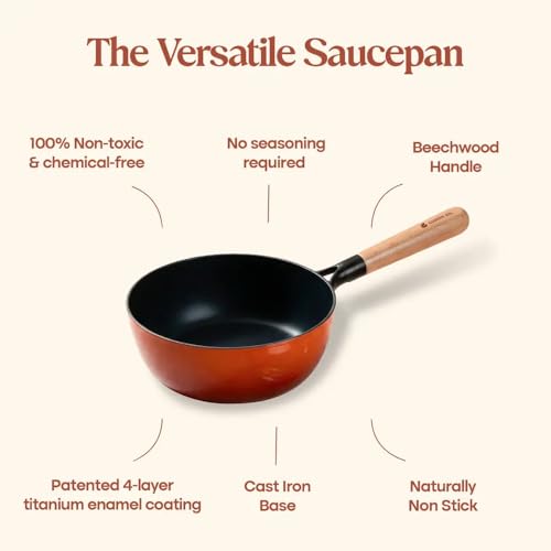 Image of CUMIN CO. Cast Iron Sauce Pan with Lid | 1.5 litres, 18 cm | Induction Base Cookware |5 Years Warranty | Non Toxic Pan for Tea and Serving Sauces | Chemical Free Coating | Beechwood Handle | Green